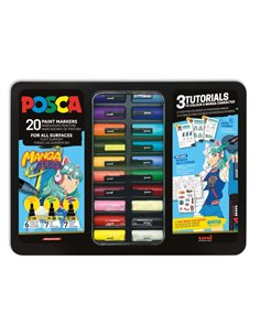 Posca Manga Hero Maleta Metalica Avec 20 Marcadores de Pintura + 3 Tutoriales - Assorti en Couleur et Trait - Pointe de Polyeste