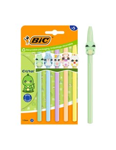 Bic Cristal Pastel Figurines Pack Avec 5 Boligrafos de Bola - Corps Opaco en Couleurs Pastel Avec Figuras de Animales - Pointe R