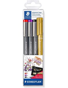 Staedtler Pigment Liner 308 Pack de 4 Feutres Calibrados - Trait 0.5mm - Séchage rapide - Couleurs assorties