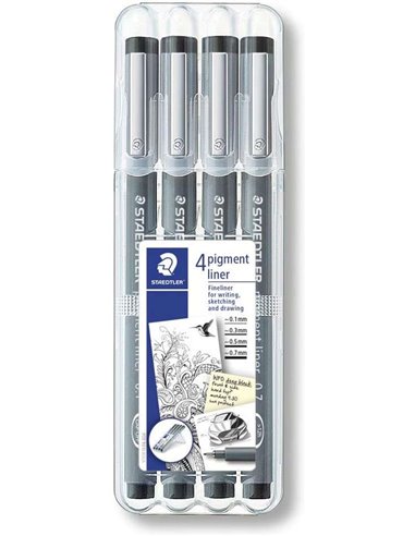 Staedtler Pigment Liner 308 Pack de 4 Feutres de Pointe Fina - Pointe Larga - Séchage rapide - Couleur Noir