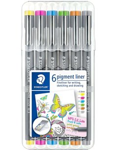 Staedtler Pigment Liner 308 Pack de 6 Feutres Calibrados - Trait 0.3mm - Séchage rapide - Couleurs assorties