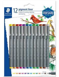 Staedtler Pigment Liner 308 Pack de 12 Feutres Calibrados - Trait 0.5mm - Séchage rapide - Couleurs assorties