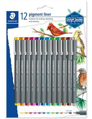 Staedtler Pigment Liner 308 Pack de 12 Feutres Calibrados - Trait 0.5mm - Séchage rapide - Couleurs assorties
