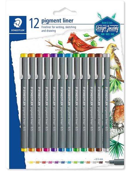 Staedtler Pigment Liner 308 Pack de 12 Feutres Calibrados - Trait 0.5mm - Séchage rapide - Couleurs assorties