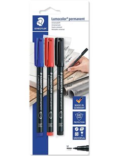 Staedtler Lumocolor Permanent Pen 317 Pack de 3 Feutres Permanentes - Trait de 1mm Aprox - Séchage rapide - Couleurs assorties