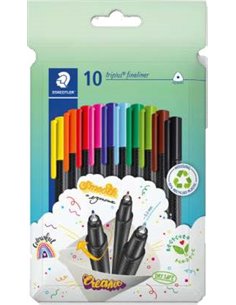 Staedtler Triplus Fineliner 334 Pack de 10 Feutres de Pointe Fina en Envase de Carton - Trait de 0.3mm Aprox - Design Ergonomiqu
