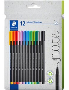 Staedtler Triplus Fineliner 334 Pack de 12 Feutres de Pointe Fina - Trait de 0.3mm aprox. - Encre Antisecado à Base de Eau - Car