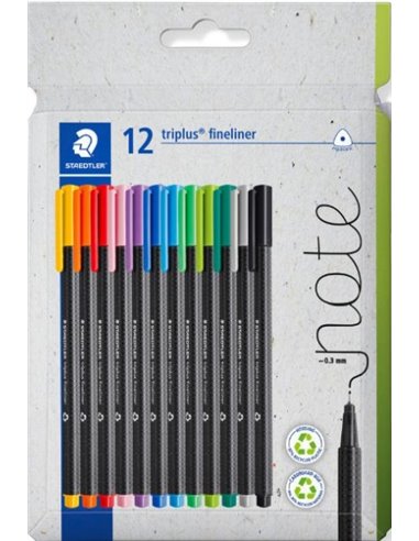 Staedtler Triplus Fineliner 334 Pack de 12 Feutres de Pointe Fina - Trait de 0.3mm aprox. - Encre Antisecado à Base de Eau - Car