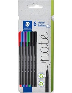 Staedtler Triplus Fineliner 334 Pack de 6 Feutres de Pointe Fina - Trait de 0.3mm aprox. - Encre Antisecado à Base de Eau - Carc