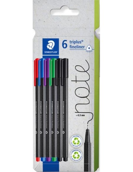 Staedtler Triplus Fineliner 334 Pack de 6 Feutres de Pointe Fina - Trait de 0.3mm aprox. - Encre Antisecado à Base de Eau - Carc