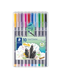 Staedtler Triplus Fineliner 334 Pack de 10 Feutres de Pointe Fina - Trait 0.3 mm aprox. - Encre Base de Eau - 97% de Plastico Re