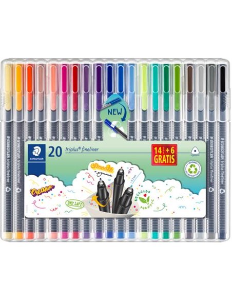 Staedtler Triplus Fineliner 334 Pack de 20 Feutres de Pointe Fina - Trait 0.3 mm Aprox - Encre Base de Eau - 97% de Plastico Rec