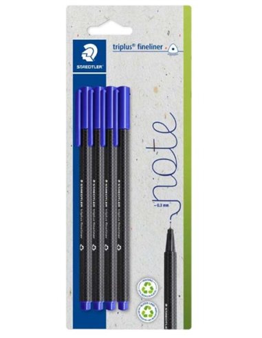 Staedtler Triplus Fineliner 334 Pack de 4 Feutres de Pointe Fina - Trait de 0.3mm aprox. - Encre Antisecado à Base de Eau - Carc