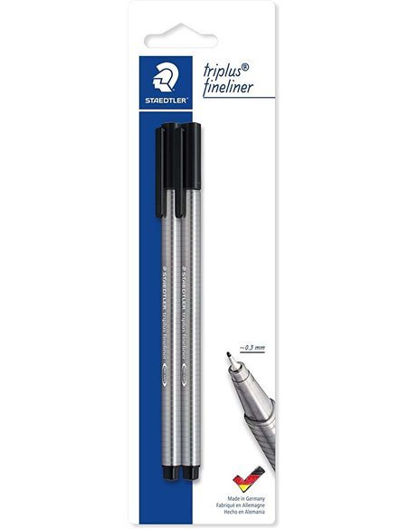Staedtler Triplus Fineliner 334 Pack de 2 Feutres de Pointe Fina - Trait de 0.3mm Aprox - Design Ergonomique - Encre Base de Eau