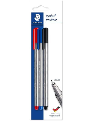 Staedtler Triplus Fineliner 334 Pack de 3 Feutres de Pointe Fina - Trait de 0.3mm Aprox - Design Ergonomique - Encre Base de Eau