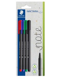 Staedtler Triplus Fineliner 334 Pack de 4 Feutres de Pointe Fina - Trait de 0.3mm aprox. - Encre Antisecado à Base de Eau - Carc