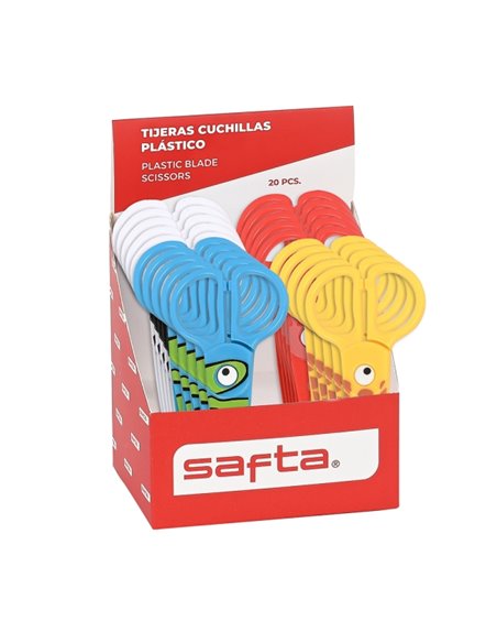 Safta Présentoir Avec 20 Ciseaux de 12cm - Asas Ergonomicas - Plastico Résistant - Pointe Ronde Segura - Couleurs assorties