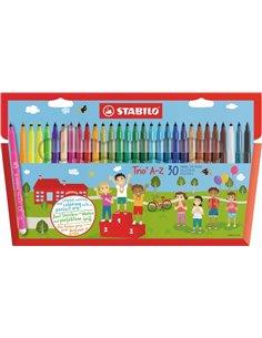 Stabilo Trio À-Z Pack Avec 30 Feutres de Pointe Fina de Fibre - Trait 0.7mm - Encre Lavable - Zona de Agarre Triangular - Couleu