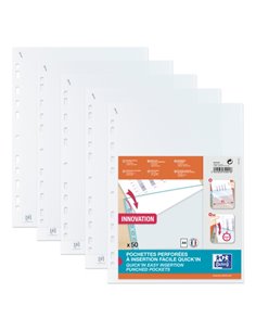 Oxford Quick'In A4 Pack de 50 Fundas Multitaladro Polipropileno Estandar Cristal 50 micras - 11 Taladros - Facile Insercion - Tr