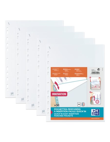 Oxford Quick'In A4 Pack de 50 Fundas Multitaladro Polipropileno Estandar Cristal 50 micras - 11 Taladros - Facile Insercion - Tr