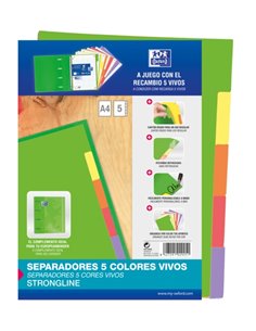 Oxford Strongline A4 Separadores 5 Posiciones - 4 Taladros - Cartulina 200gr - Couleurs assorties