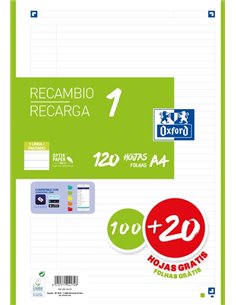 Oxford School Recambio A4 120 Feuilles 1 Linea - 4 Taladros - Banda de Couleur Vert