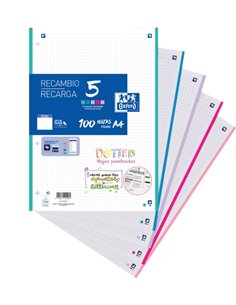 Oxford 5 Dotted Recambio de 100 Feuilles Format A4 Punteadas 4 Taladros - Banda de 5 Couleurs Pastel