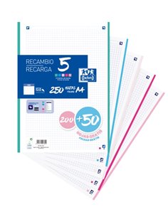 Oxford School Pack de 5 A4 Recambio - 200+50 Feuilles - Couleurs assorties