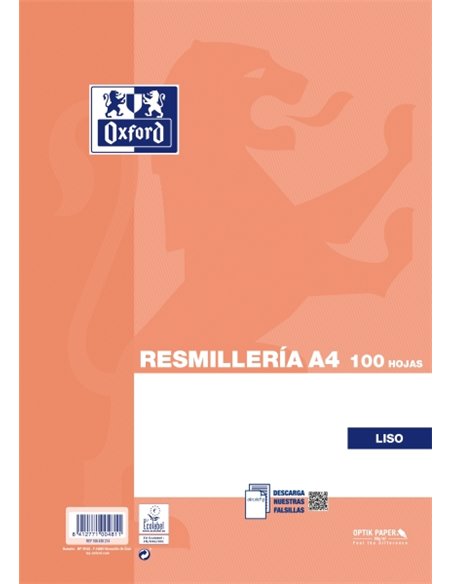 Oxford Resmilleria de 100 Feuilles Lisas - Format A4 - Couverture souple - Sans Taladros - Couleur Orange