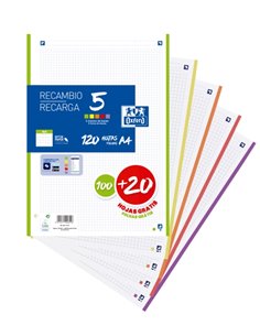 Oxford School Pack de 5 A4 Recambio - 4x4 Promocion - 100+20 Feuilles - Couleurs assorties