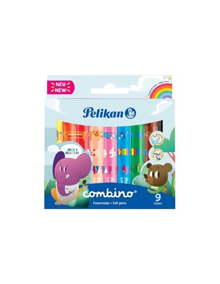 Pelikan Combino Jumbo Pack de 9 Feutres de Couleurs - Lavables - No Toxicos - 2 Anchos de Trait - Pointe de Fibre - Couleurs ass
