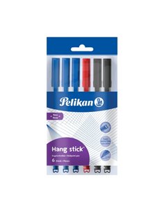 Pelikan Hang Stick Pack de 6 Boligrafos de Couleurs - Trait de 1mm - Capuchon Antiasfixia - Corps Triangular Ergonomique - Ganch