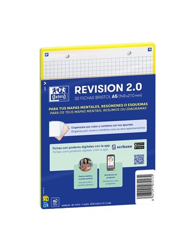 Oxford Pack de 30 FlashCards 2.0 - Format A5 - Cuadricula 5x5mm - Cartulina de 250g - Digitalizacion de Textos Avec App - Couleu