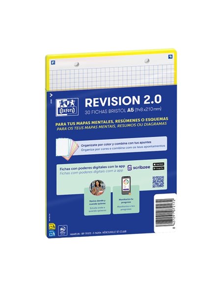 Oxford Pack de 30 FlashCards 2.0 - Format A5 - Cuadricula 5x5mm - Cartulina de 250g - Digitalizacion de Textos Avec App - Couleu