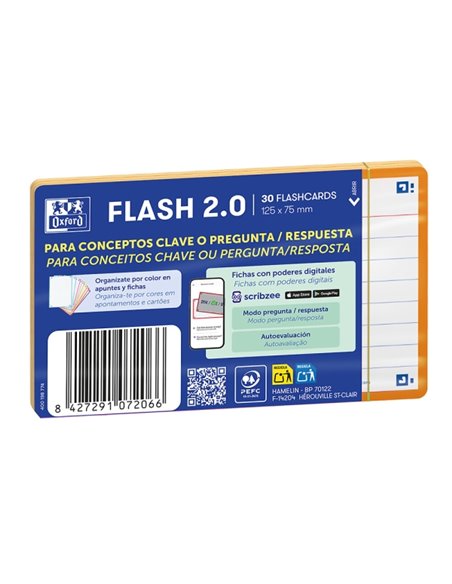 Oxford Pack de 30 FlashCards 2.0 - Format A7 - Rayado Horizontal 1 Linea - Cartulina de 250g - Digitalizacion de Textos Avec App