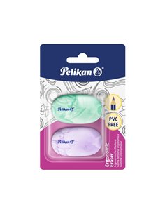Pelikan Ergonomic Eraser Pack de 2 Gomas de Borrar - Vinilo - Blister - Sans PVC - Efecto Marmol - Couleurs assorties