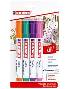 Edding 4500 Couleurs Divertidos Pack de 4 Feutres Permanentes Pour Textil - Pointe Ronde - Trait 2-3mm - Olor Neutro - Séchage r