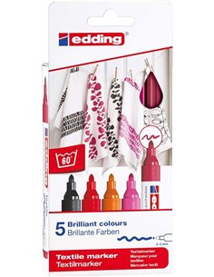 Edding 4500 Couleurs Calidos Pack de 5 Feutres Permanentes Pour Textil - Pointe Ronde - Trait 2-3mm - Olor Neutro - Séchage rapi