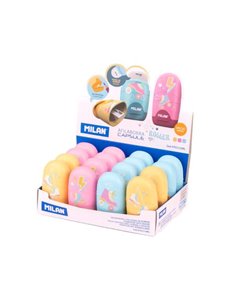 Milan Capsule Roller Présentoir de 16 Afilaborras Capsule Avec Goma de Borrar - Cuchilla de Sécurité - Couleurs Bleu, Rose et Ja