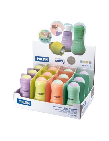 Milan Sway Pastel Présentoir de 12 Afilaborras Avec Goma de Borrar - Sacapuntas Avec Deposito et Cuchilla de Sécurité - Couleurs