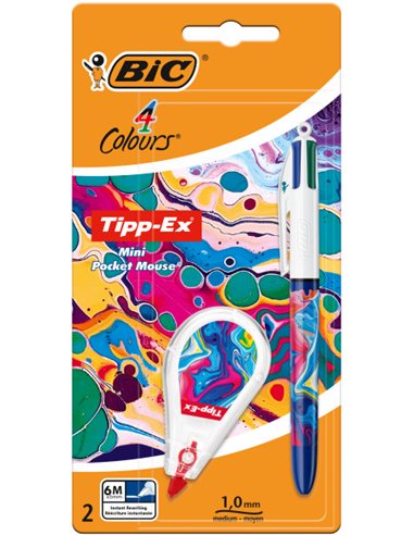 Bic 4 Colours Decors Hydro Pack de 1 Stylo à bille de Bola Retractil + Correcteur Pocket Mouse 5mmx6m - Pointe Media de 1.0mm - 