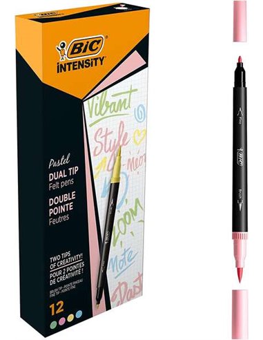 Bic Intensity Dual Tip Pastel Feutre Double Pointe - Pointe de Pincel + Pointe Fina - Encre Avec Base de Eau - Couleurs Pastel A