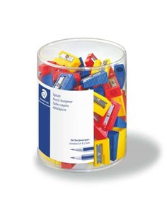 Staedtler Pack de 100 Sacapuntas de Plastico - 1 Agujero - Angulo de Afilado de 23° - Couleurs assorties