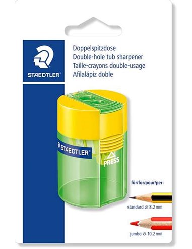 Staedtler 512 Sacapuntas de Plástico Double Usage - Angulo de Afilado 23º et 30º - 2 Agujeros - Deposito - Couleurs assorties