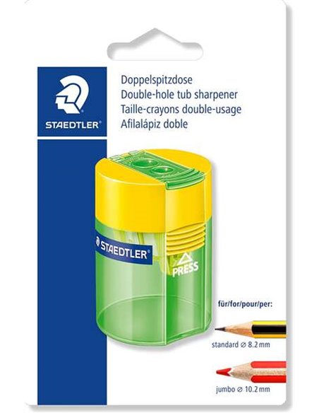 Staedtler 512 Sacapuntas de Plástico Double Usage - Angulo de Afilado 23º et 30º - 2 Agujeros - Deposito - Couleurs assorties