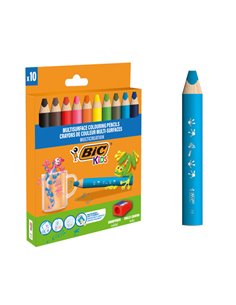 Bic Kids Multisuperficie Pack de 10 Lapices de Couleurs + Sacapuntas - Corps Triangular - Minas Borrables en Superficies No Poro