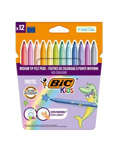 Bic Kids Couleur Pastel Pack de 12 Feutres - Pointe Mediana - Lavable - Couleurs Pastel Assortis