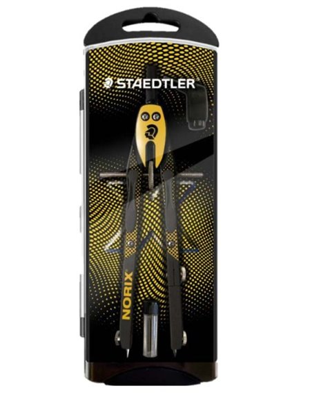 Staedtler Norix 555 Compas Metalico Scolaire de Precision - Mecanismo Pulsador et Ajuste Par Rueda Central - Couleur Jaune/Noir