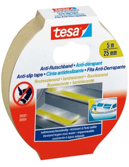 Tesa Anti-Slip Tape Ruban Antidérapant Adhesiva Fluo 5mx25mm - Fuerte Adhesion - Se Puede Cortar à Mano - Couleur Jaune Fluo