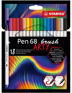 Stabilo Pen 68 Brush Arty Pack de 18 Feutres - Pointe de Pincel - Encre à Base de Eau - Couleurs assorties